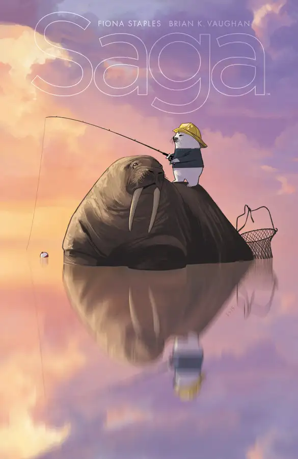 Cover of Saga issue 34, featuring a seal fishing from the belly of a walrus