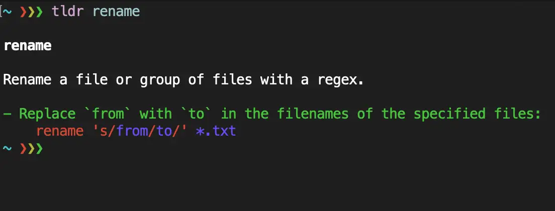 Console output of tldr pages with the rename command